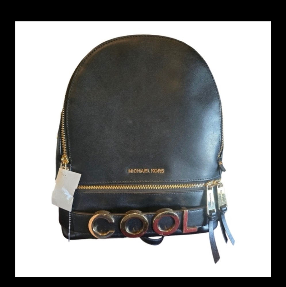 NEW MICHAEL KORS RHEA ZIP BLACK LEATHER MEDIUM BACKPACK Rare, Unique "COOL"